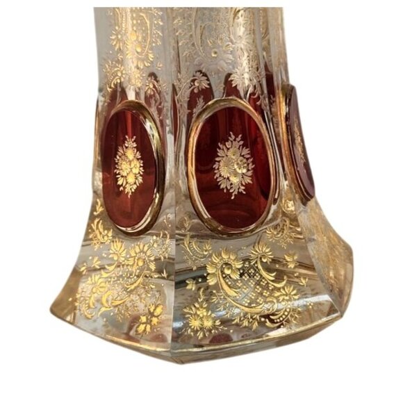 Antique Bohemian Crystal Bud Vase Clear Red Gold Etched Floral Design 9.75" Tall - Picture 7 of 13